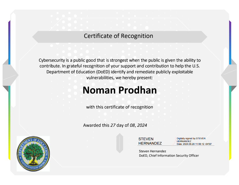 Certificate of Recognition from U.S. Department of Education (DoED)
