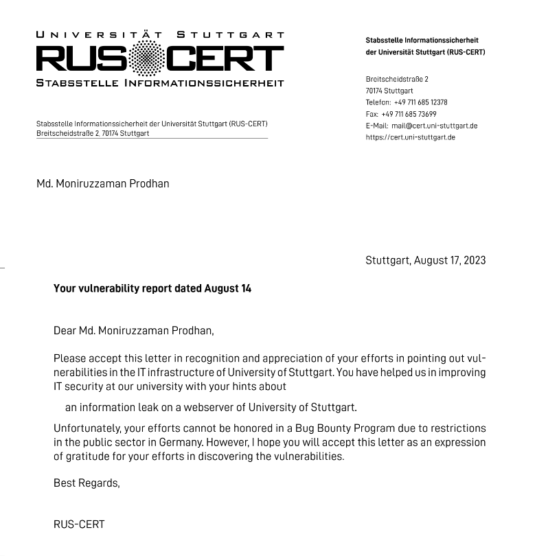 Appreciation Letter from University of Stuttgart, Germany