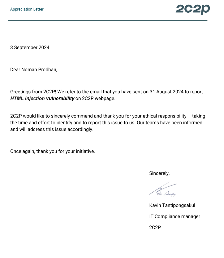 Appreciation Letter from 2C2P